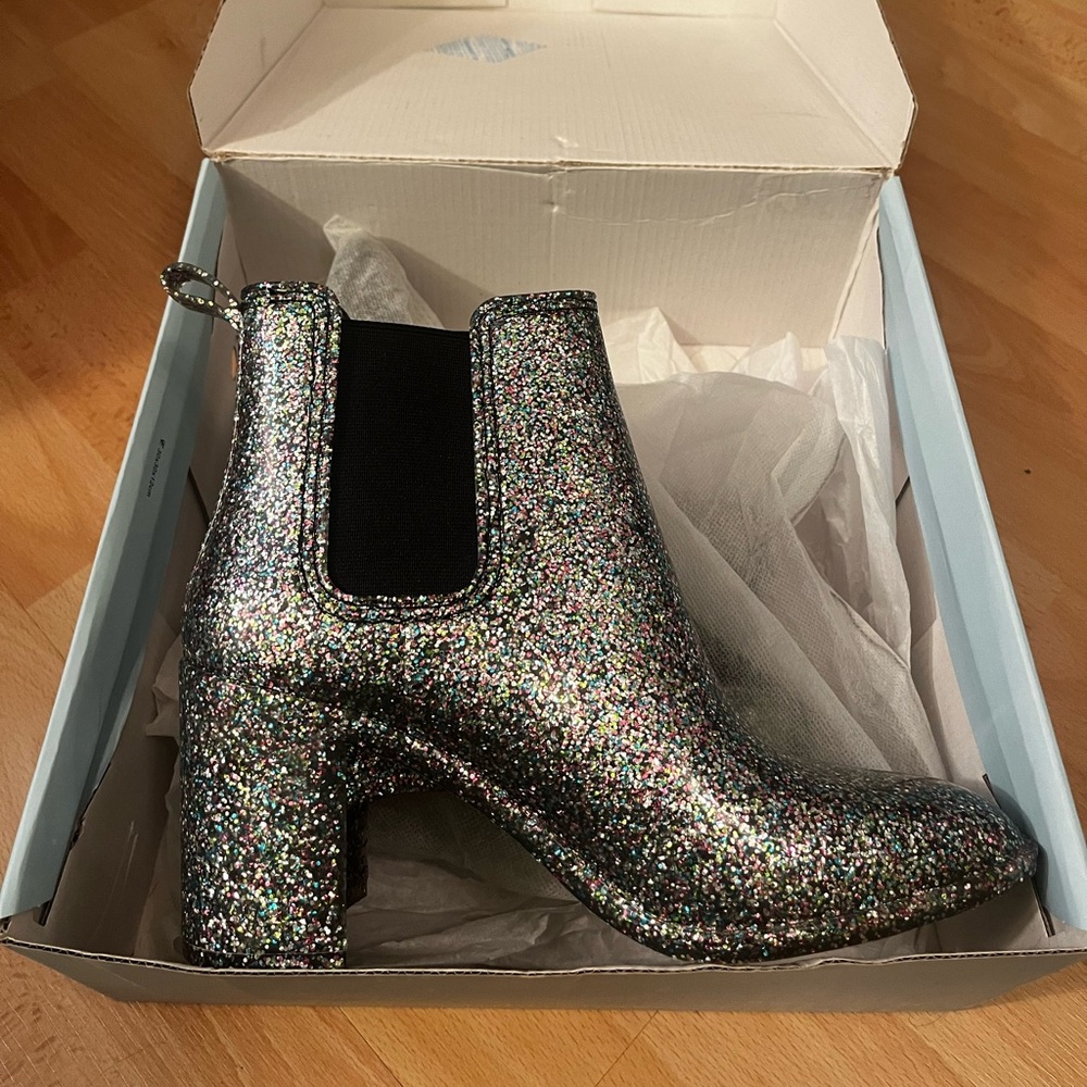 Jeffrey Campbell glitter rain boots, worn once with original box and shoe bags.
